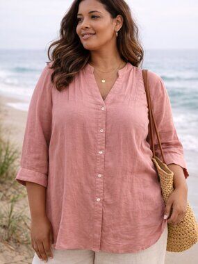 Mercer & Madison 100% Linen Tunic Blouse V Neck Relaxed 2X Coastal Pink NWOT